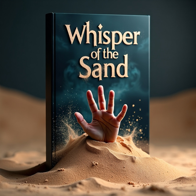 The cover features a close-up image of a menacing hand emerging from a pile of sand, with sand particles swirling around it. The background is dark and mysterious, with subtle hints of desert landscapes. The title "Whisper of the Sand" is displayed prominently at the top, with the word "Whisper" appearing in an eerie font that resembles sand formations, and "of the Sand" in a bold and sinister font.