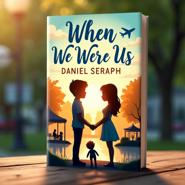 The cover features Liam and Emma standing apart, facing each other, with their hands lightly brushing. They exude love and a deep connection. At Emma's feet, there is a small rag doll symbolizing her childhood and her confiding in Rosie. In the background, there is a beautiful park with a small café at sunrise, bathed in warm, golden tones. An airplane flies overhead, representing Liam's departure and the impending distance in their story.