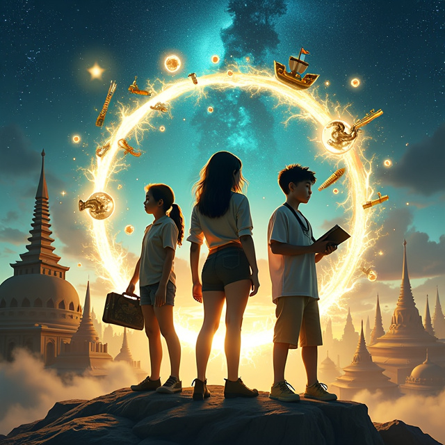 The three adventurers are positioned in the foreground, with the psychic girl in the center, surrounded by her energy, and the negotiator girl on one side with glowing eyes, while the technologically inclined boy stands on the other side, with futuristic gadgets floating around him. Behind them, a large glowing time portal swirls, revealing glimpses of historical landmarks like Borobudur, a Majapahit ship, and the Sriwijaya market. The background seamlessly transitions into a starry night sky, representing the vastness of time and blending futuristic and ancient elements.