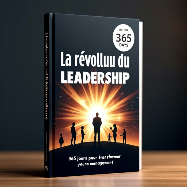 The cover features a deep black background with a subtle gradient. In the center, there is a powerful burst of light with thinner rays extending towards the edges. Positioned at the bottom of the cover, stylized silhouettes of a leader and smaller figures emerge from the burst of light. In the top right corner, a transparent circle divided into 12 sections represents the 365 days. There are also scattered points of light throughout the design.