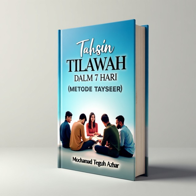 The cover features an image of a group of diverse individuals sitting together and studying the Holy Quran. The image is displayed against a sky blue background, representing the calm and peaceful nature of religious study.