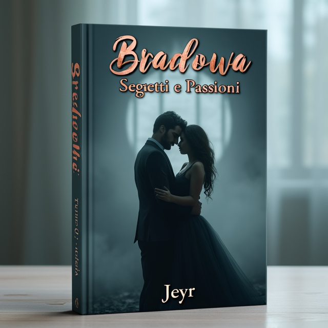 A misty grey background with a soft gradient of light steel blue at the top, fading into copper at the bottom. In the center, a couple is depicted in a passionate embrace, their faces partially obscured. Behind them is a shadowy figure representing Ymir Bradowa, adding an element of mystery and violence to the scene.