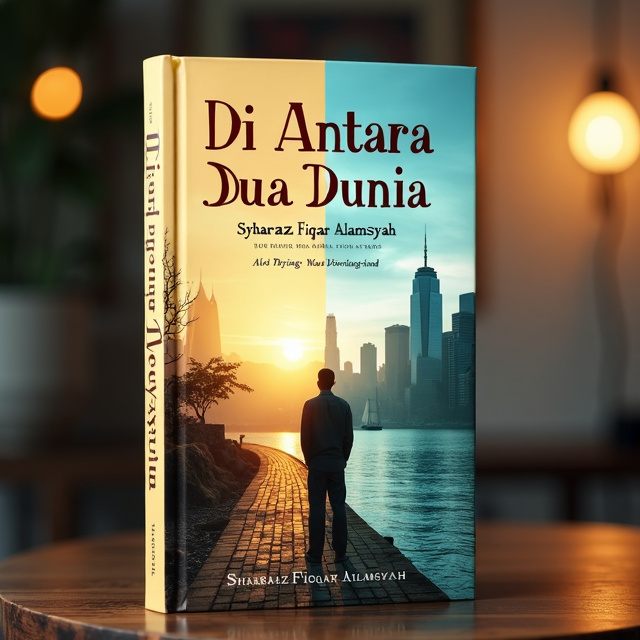 The cover features a split-screen composition. On the left side, there is a fading image of an old, small village in Sumatra, Indonesia, with warm colors and a golden sunset sky. On the right side, there is a contrasting image of towering city buildings in New York, with cool colors and a darker industrial skyline. In the center, Syahraz Fiqar Alamsyah is depicted standing, looking forward towards the modern city but also glancing back at his traditional roots. In the distance, there is a faint image of a ship symbolizing his journey.