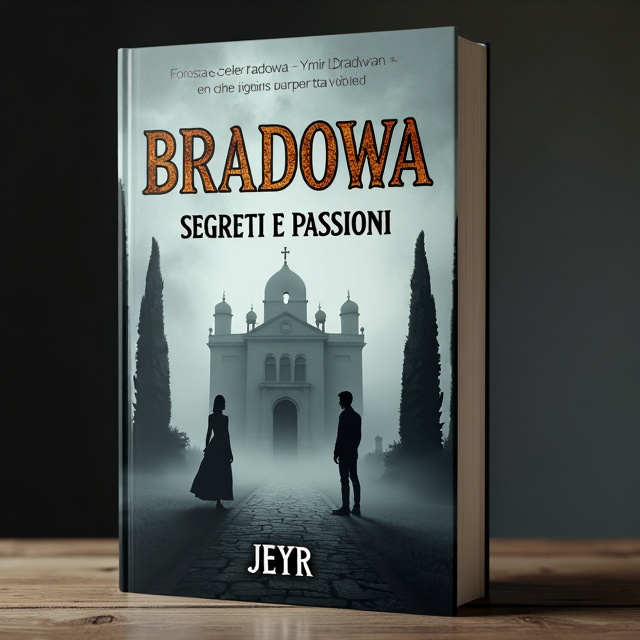 The cover features a misty grey background with a central image of Bradowa Palace in the foreground. On either side of the palace, we see silhouettes of Fosca Zceler Bradowa and Ymir Bradowa, representing the heirs and their passions. Demetra, the wife, is also included, blending into the palace as a sign of her integration into the household. The overall style is mysterious and captivating, capturing the psychology of the characters.