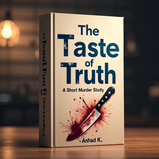 The cover features a close-up image of a small knife with blood on it, placed diagonally on the bottom left corner of the cover. The knife is surrounded by a haze of café aroma, symbolizing the setting of the story. The title, "The Taste of Truth", is positioned at the top center of the cover in bold, bluish-black font. Below the title, the subtitle "A Short Murder Story" is written in a smaller, more delicate font. The author's name, "Anhad K.", is placed at the bottom right corner of the cover.