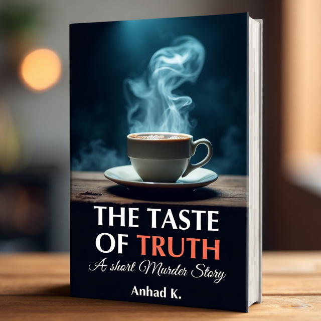 The cover design features a close-up image of a steaming cup of coffee, with wisps of steam curling upwards. The cup is set against a dark background with a hint of blue, giving it a mysterious and intriguing feel. The title, "The Taste of Truth  A short Murder Story" is written in bold, white font, placed below the cup of coffee. The author's name, Anhad K., is displayed in a smaller font at the bottom of the cover.