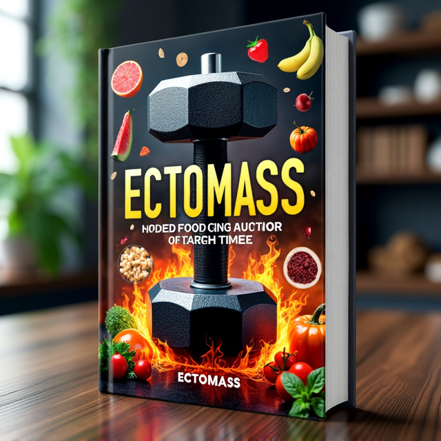 The cover features a close-up image of a dumbbell with flames surrounding it, symbolizing power and intensity. In the background, there is a collage of various healthy foods such as fruits, vegetables, and protein-rich dishes, representing the book's focus on food and fitness. The overall visual style is vibrant and energetic, capturing the essence of the book's genre.