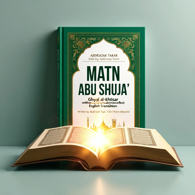 The cover features an Islamic book holder positioned at a 45-degree angle, with the holder slightly facing the reader. The book being held has the title "Matn Abu Shuja" in Arabic written on it. A radiant, divine light shines from the pages of the book, creating a captivating effect.