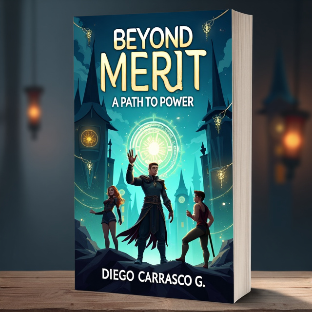 The cover features a dynamic scene with Soren in the center, holding a floating Merit screen displaying his stats. Elara stands on his right, surrounded by subtle energy lines, representing the burden of the Merit system. On his left, Kairos leans against a building, with a rebellious smirk. The background shows towering guild buildings intertwined with mystical symbols, with hints of magical energy glowing softly.