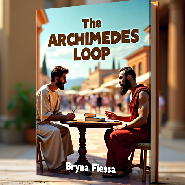 The cover features a vibrant scene set in ancient Syracuse, Greece. In the foreground, a man dressed in modern clothes is engaged in conversation with a Greek philosopher wearing a toga. On a table between them, there are books about modern physics and a kit for young electricians. In the background, a bustling market square adds depth and context to the scene.