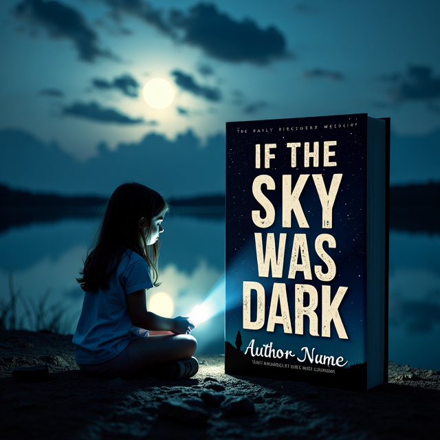 standing book mockup, Its title is "If The Sky Was Dark".  A girl sitting by a lake at night with a flashlight shining. The moon is partially covered by clouds, creating a sense of mystery and darkness. The overall tone is somber and lonely. A bold and slightly distressed serif font is used for the title "If The Sky Was Dark." The author's name is written in a more elegant script font, adding a touch of sophistication., The girl is positioned towards the left side of the cover, with the title and author's name centered and slightly overlapping the image. The flashlight beam extends from the girl's hand towards the top right corner, drawing attention to the title. The area where the author's name typically appears should be left completely blank, with no text or placeholder.