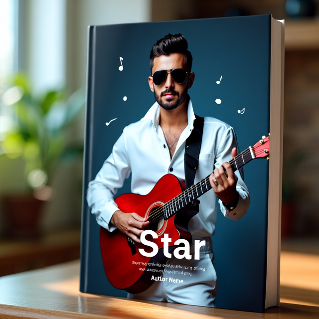 The cover features a close-up of a man wearing sunglasses and a white jumpsuit, holding a guitar. The background is a dark blue color with subtle music notes in the background. The man is positioned slightly to the left, with his face turned towards the viewer, exuding an air of confidence and charisma.
