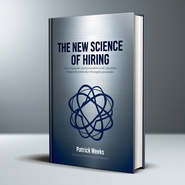 The cover features a sleek brushed metal background with a subtle grid pattern, symbolizing structure and precision in hiring. In the center, there is an abstract symbol of interconnected lines and geometric shapes, representing the new science and research in hiring. The symbol is integrated seamlessly into the design, subtly catching the viewer's attention.