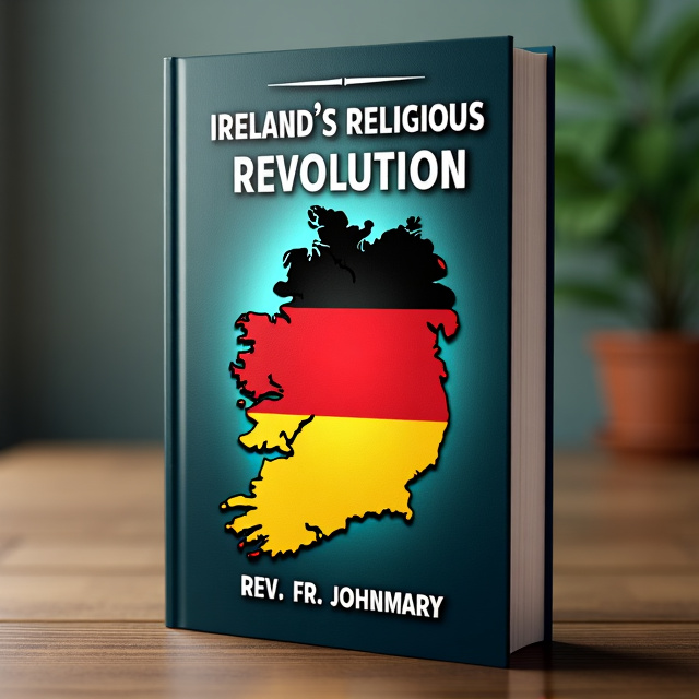 The cover features a dark yellow background with a gradient of blue flowing from the top to the bottom. In the center, there is an image of the German flag superimposed with a map of Ireland. The flag is slightly tilted to create a dynamic effect.