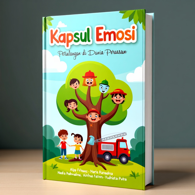 The cover features a play ground scene with a tree in the center and a firetruck on one side. The tree is depicted with a mixture of angry, sad, wise, disgusted, and happy expressions on its branches and roots. The firetruck is shown with children playing around it, representing the adventure aspect of the book.