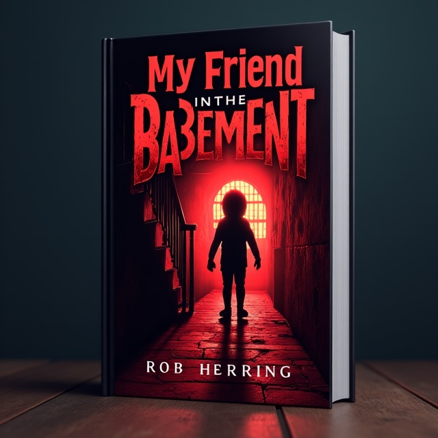 The cover features a silhouette of a child looking down a staircase leading to a basement, with a dimly lit room at the bottom. A bright red light emanates from the basement, casting an eerie red hue across the dark floor and room, eventually transitioning into blood.