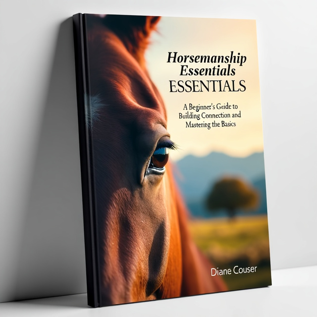 The cover features a close-up image of a horse's eye, showing trust and connection. In the background, there is a serene landscape with a lone tree and mountains, representing the connection with nature. The overall style is minimalist and calming.