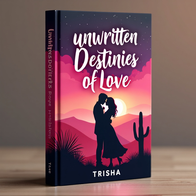 The cover features a beautiful and vibrant desert landscape as the background, with a couple in love standing in the foreground. The couple is embracing each other, showcasing the emotion of love and romance. The colors used are predominantly pink and black to evoke a sense of passion and mystery.