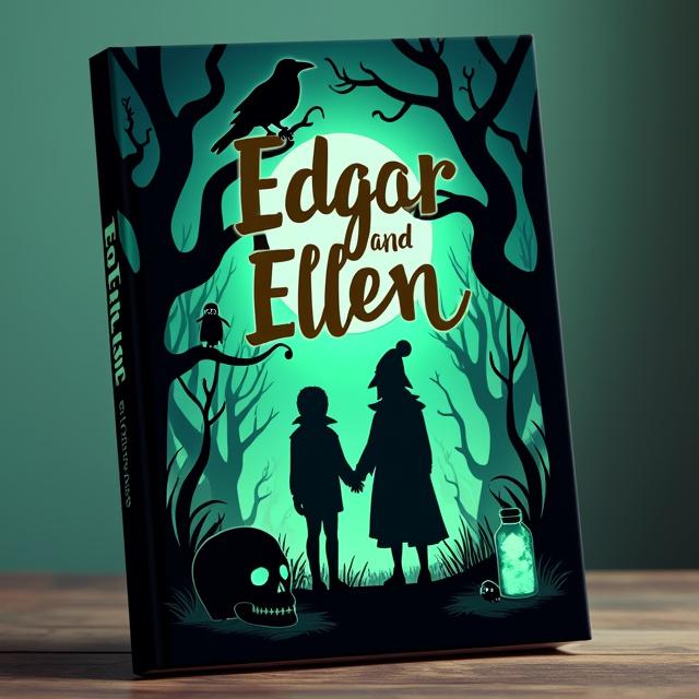 The cover features a dark and eerie forest at night, with twisted trees and gnarled branches creating a creepy atmosphere. In the center, there are two silhouettes of mischievous-looking characters, Edgar and Ellen, illuminated by the moonlight. Surrounding them are mysterious objects, including a skull, a jar of glowing green liquid, and a raven perched on a branch.