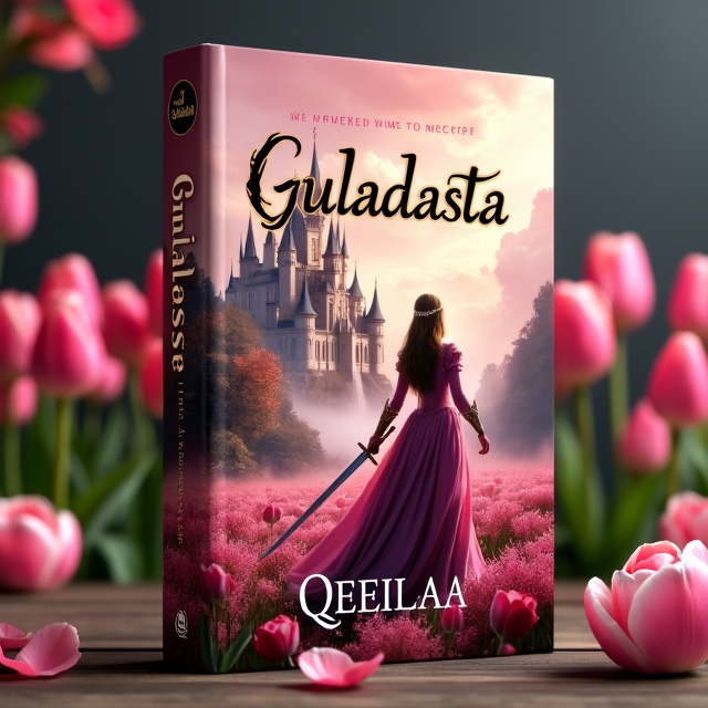 The cover features a castle in the background, surrounded by a peaceful landscape of tulips and roses. In the foreground, there is a princess holding a sword, portraying a sense of action and strength. The colors used are primarily pink, gold, and black, creating a visually appealing and captivating design.