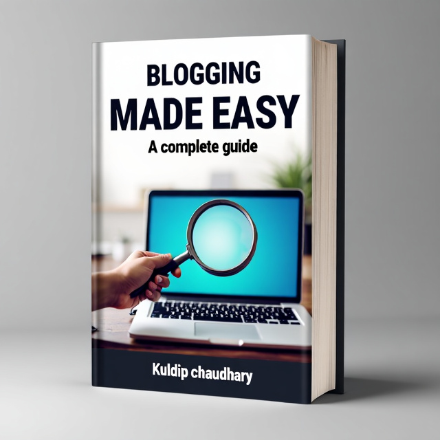 The cover features a clean and minimalistic design. It includes an image of a laptop with a magnifying glass hovering over it, symbolizing the process of exploring and understanding blogging. The title is prominently displayed at the top, with the author's name showcased at the bottom.