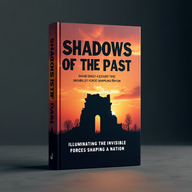 The cover features a silhouette of a crumbling building at sunset, representing the death of a nation. The building is surrounded by dark shadows, symbolizing the invisible forces that have shaped the nation's past. The overall tone is somber and melancholic.