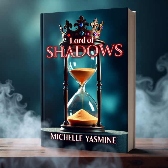 The cover features a partially shattered hourglass in the center, with sand trickling out from the broken glass. On top of the hourglass sits an ornate crown adorned with gemstones. Behind these elements, there is a shadowy figure, adding an air of mystery. Swirling mist and fog surround the edges of the design, creating an alluring effect.