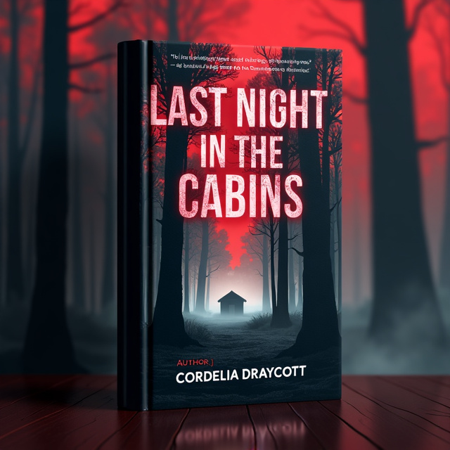 The cover features a dark and mysterious forest scene, with tall trees casting long shadows. In the distance, a small cabin is barely visible through the thick fog. The overall color scheme is predominantly red and black, creating a sense of danger and suspense.
