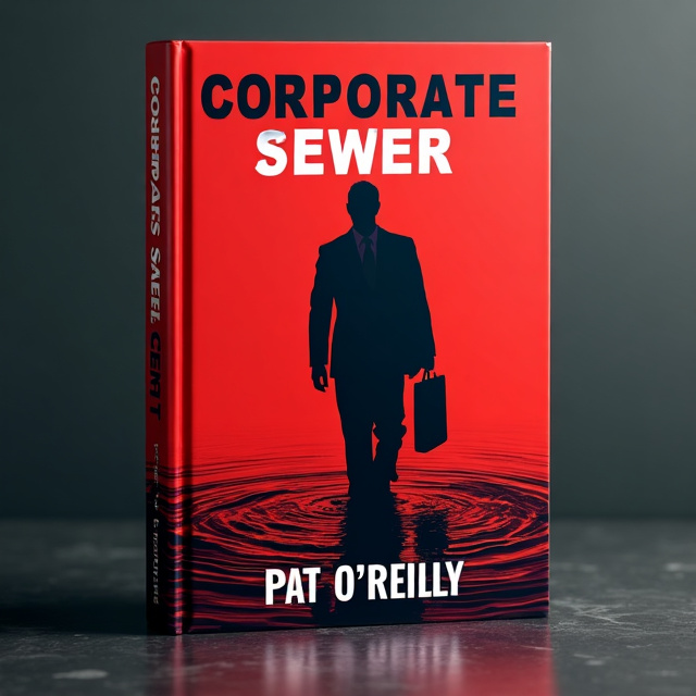 The cover features a bold red background representing passion and danger. In the foreground, a silhouette of a corporate executive figure is shown waist-deep in sewage, symbolizing the corruption within the business world. The sewage is depicted in a dark and murky texture, contrasting with the clean and crisp silhouette.