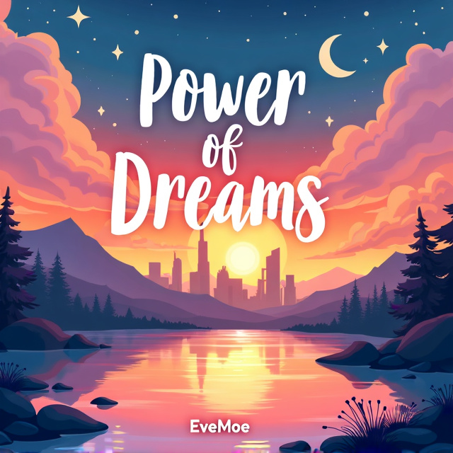 The cover features a stunning, vibrant sunset sky with soft clouds creating a warm and dreamy atmosphere. The background showcases a futuristic city skyline blending seamlessly with elements of nature, including distant mountains and lush trees. In the foreground, a serene, reflective lake captures the glow of the sky, adding a magical touch. A moon and stars are scattered in the sky, symbolizing dreams and possibilities. The overall style is cartoonish with thick lines and low detail, creating a whimsical and inviting look.