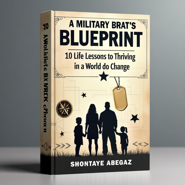 The cover features a large silhouette of a family standing confidently at the center. Dog tags are subtly integrated into the background. A faint blueprint pattern adds texture and context. A compass is positioned to the left of the silhouette, pointing towards the title. Stars and chevrons are placed near the bottom of the cover.