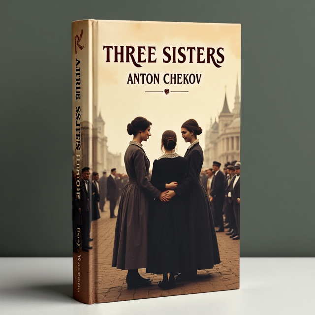 The cover features three women standing close together, representing the three sisters. They are dressed in traditional Russian clothing, emphasizing the setting and culture of the play. The background is a faded image of a political gathering, hinting at the political themes in the story. The overall style is a mix of vintage and contemporary, creating a timeless feel.