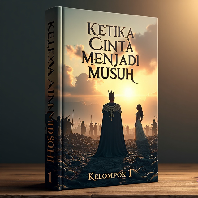 The cover features a majestic and sorrowful scene of a king standing amidst a battlefield, surrounded by fallen soldiers and destroyed landscapes. In the background, we see the silhouette of a couple in an embrace, symbolizing the love that has been torn apart by the war.