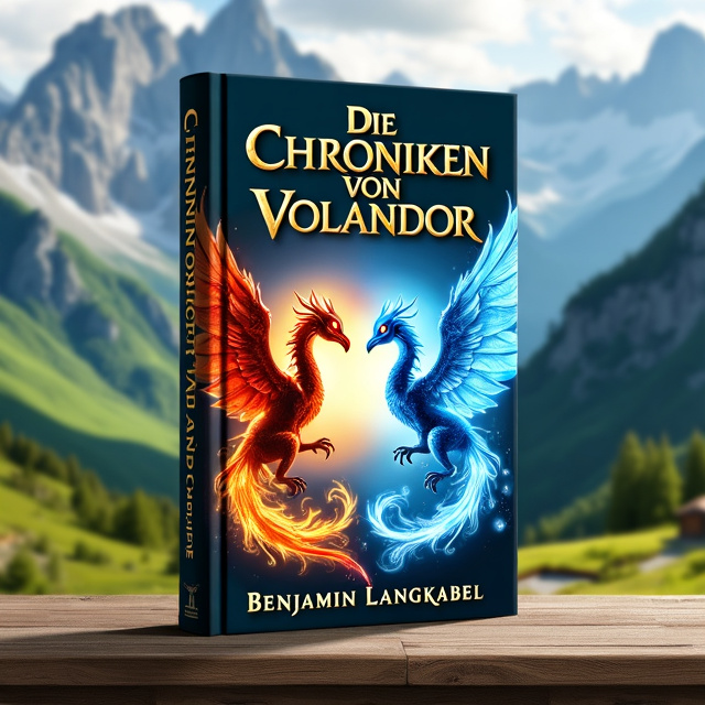 The cover features a majestic scene with green hills and towering mountains in the background. In the foreground, there is a fire-breathing dragon and an ice-breathing phoenix, both depicted in vivid detail and vibrant colors. The dragon is positioned on the left side of the cover, while the phoenix is on the right side. They are facing each other, creating a dynamic and intense atmosphere.