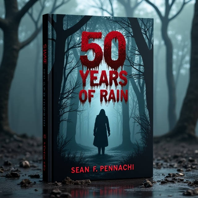 The cover features a haunting image of a dark and ominous forest, with gnarled trees and swirling mist. In the foreground, a shadowy figure lurks, their face hidden in darkness. The title "50 Years of Rain" is displayed in bold, blood-red letters, dripping with a sense of foreboding. The author's name, Sean F. Pennacchi, is written in an eerie, jagged font, giving a sense of unease.