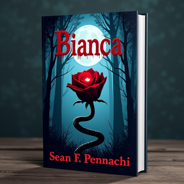 The cover features an eerie forest at night with towering trees and a full moon peeping through the branches. In the center, a snake-like creature with glowing red eyes slithers towards the viewer. The creature's body is entwined with a blood-red rose, adding a touch of beauty to the horror.