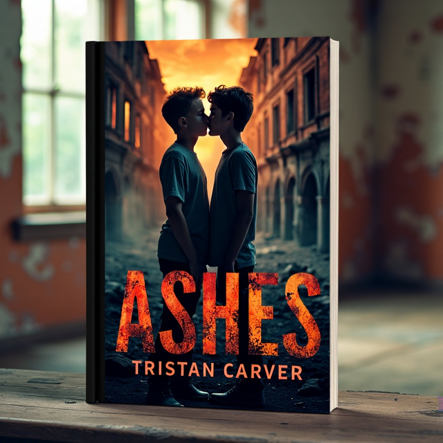 The cover features a close-up of two boys standing in front of an abandoned building that has been burned down. They are passionately kissing, their bodies leaning into each other. The colors are dark and moody, with hints of orange and red to represent the fire. There is a sense of tension and longing in their expressions.