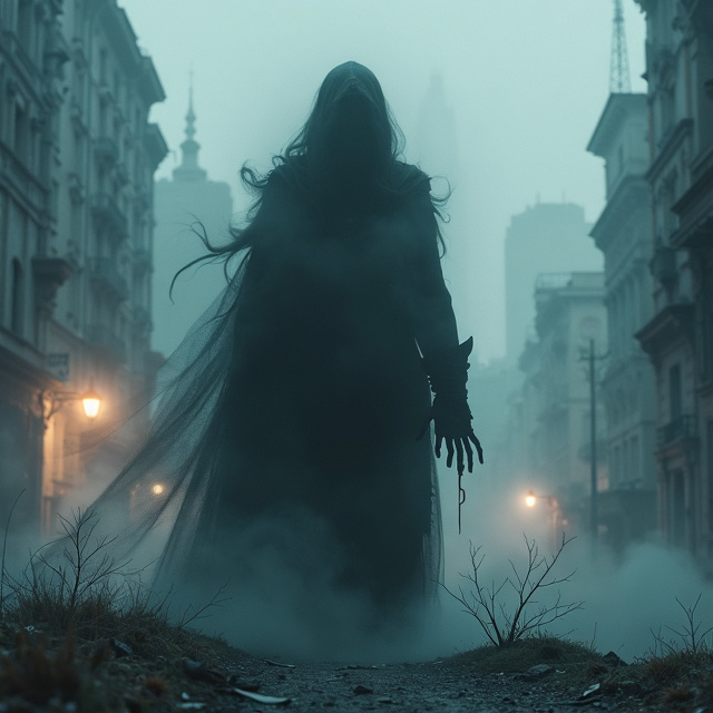 A shadowy figure, with blurred features, emerges from a fog-filled landscape. Tendrils of shadow spread out from the figure, creeping through the ground and sky. A decaying dystopian cityscape forms the background, with faint lights flickering in the distance.