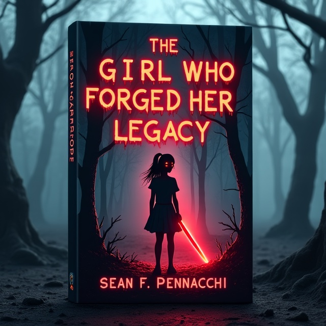The cover features a dark and eerie forest with twisted trees and fog rolling in. In the center, a young girl with glowing red eyes stands tall, holding a glowing sword. The red glow reflects off her face, casting an ominous light. The overall tone is eerie and unsettling, evoking a sense of horror and fantasy.
