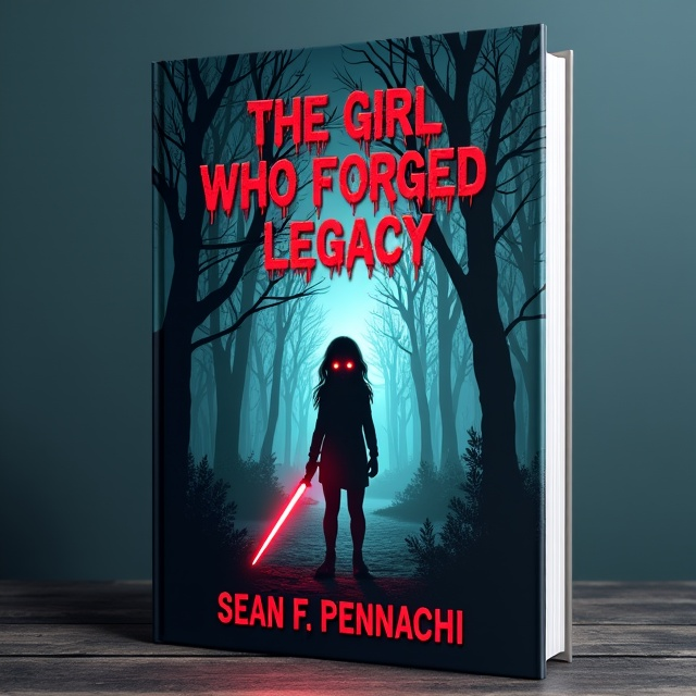 The cover features a sinister forest scene with dark, twisted trees. In the foreground stands a young girl with glowing red eyes, holding a luminous sword. The girl is surrounded by an aura of light, contrasting with the darkness of the forest.