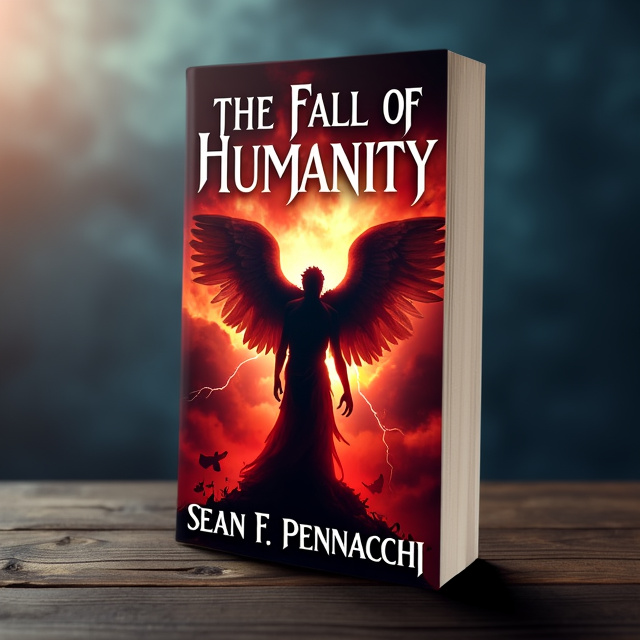 The cover features a silhouette of a fallen angel, with outstretched wings against a backdrop of dark clouds and lightning. The angel is surrounded by swirling red mist, symbolizing the fall of humanity and the darkness that envelops the world.