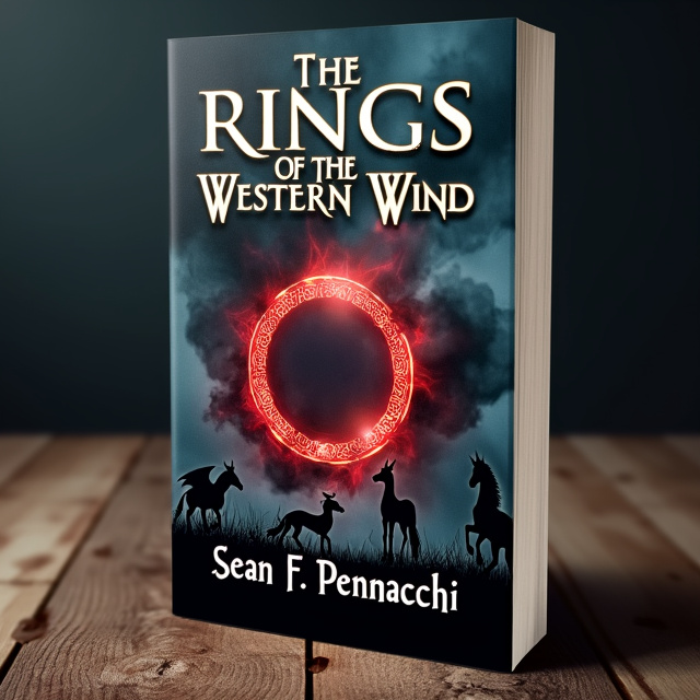 The cover features a dark background with a smoky texture, symbolizing the mysterious and ethereal elements of the fantasy genre. In the center, there is a striking red ring with intricate patterns, representing the titular rings. Surrounding the ring are silhouettes of mythical creatures, such as dragons and unicorns, giving a sense of adventure and danger. The overall composition creates a sense of darkness and intrigue.