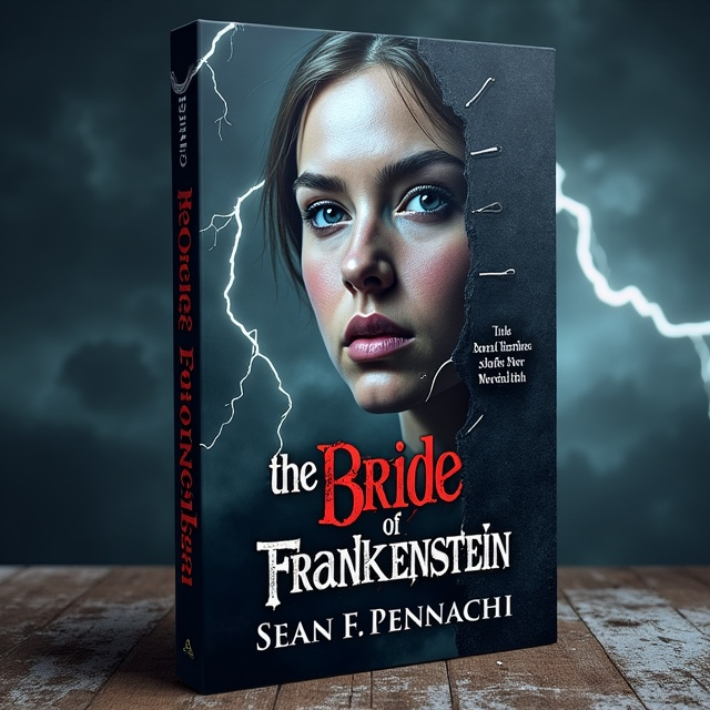 The cover features a close-up of a female face, half of which is beautifully human, and the other half is grotesquely stitched together with stitches and scars. The background is a dark and stormy sky, with flashes of lightning illuminating the scene.