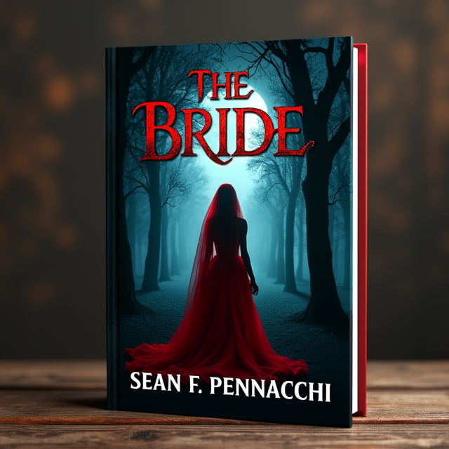 The cover features a mysterious, dark fantasy scene with a bride standing in a moonlit forest. The bride is cloaked in a flowing red dress, with a veil flowing behind her. Moonlight casts shadows around her, creating an eerie and haunting atmosphere.