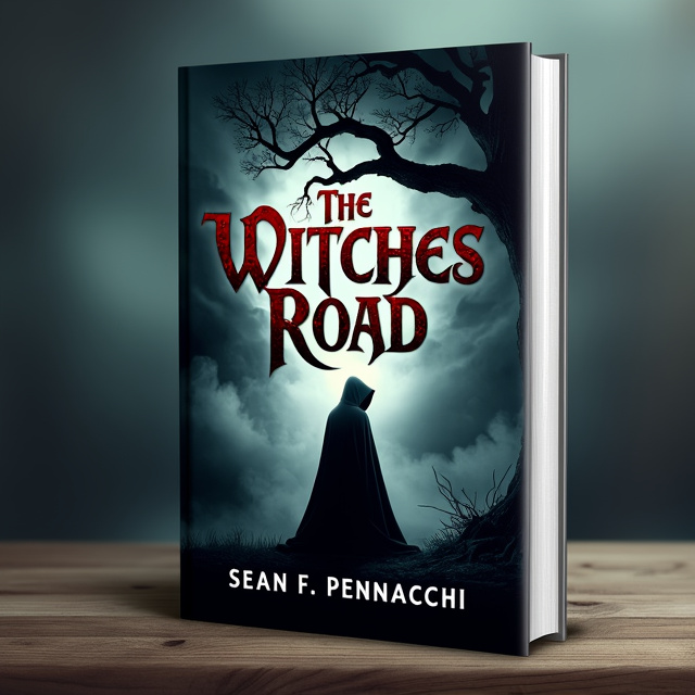 standing book mockup, Its title is "The Witches Road". Its author name is Sean F. Pennacchi.  The cover features a dark, atmospheric background with swirling smoke and shadows. In the foreground, there is an ominous, twisted tree with branches reaching out towards the title. A cloaked figure stands under the tree, creating a sense of mystery and intrigue. The title "The Witches Road" is displayed in bold, gothic-style lettering in a deep red color. The author name "Sean F. Pennacchi" is written in a slightly smaller font below the title, in a more elegant script., The title takes center stage, with the author name placed below it. The visual elements are strategically arranged to draw the viewer's eye towards the center of the cover.