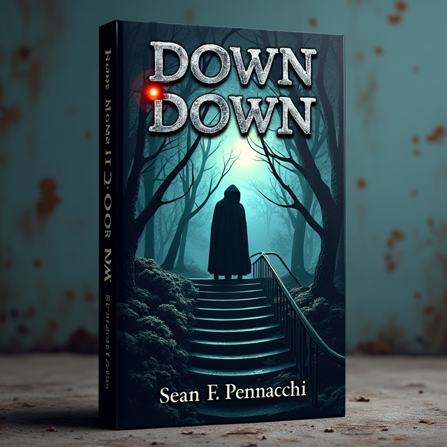 The cover features a dark, eerie forest with twisted trees and glowing red eyes peering out from the shadows. In the center, a cloaked figure is descending down a spiraling staircase into a dark abyss. The overall tone is mysterious and foreboding, capturing the essence of a dark fantasy.