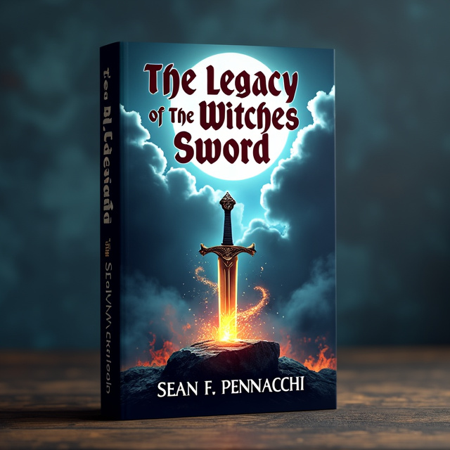 The cover features a dark, atmospheric background with a full moon shining through the clouds. In the foreground, a mystical, glowing sword is embedded in a stone, surrounded by swirling dark energy. The title is displayed prominently at the top in bold, red text, while the author's name is placed at the bottom in elegant black font.