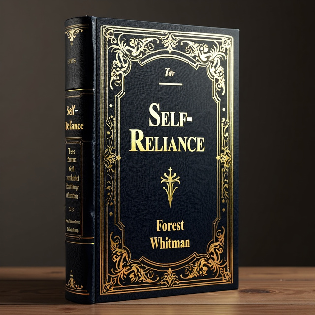 The cover features a rich, dark leather background with intricate gold filigree patterns, symbolizing wisdom and spirituality. The title, "Self-Reliance," is elegantly displayed in gold typography, with the word "Self" larger and emphasized, representing the main theme of the book. A subtle embossed texture adds depth and a tactile quality to the cover, evoking a sense of craftsmanship and timelessness.
