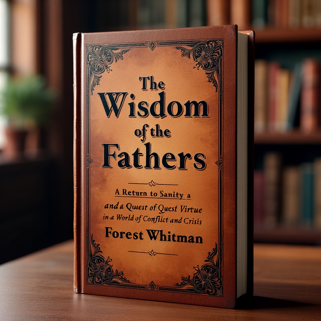 The cover features a close-up image of an old, leather-bound book with ornate filigree designs on the cover. The title, "The Wisdom of the Fathers," is displayed prominently in elegant, serif font. The background is a textured brown leather, adding to the classic and luxurious feel of the design. A faint image of a library with shelves of books can be seen in the background, symbolizing the pursuit of knowledge and wisdom.