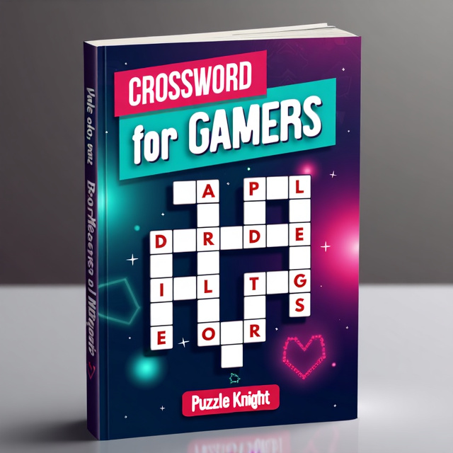 The cover features a prominent crossword puzzle in the center with intersecting letters forming the title "Crossword for Gamers." The puzzle is partially filled with letters that spell out the author's name "Puzzle Knight." The background is a gradient of bold and vibrant colors, representing the challenge and excitement of the brain test genre.